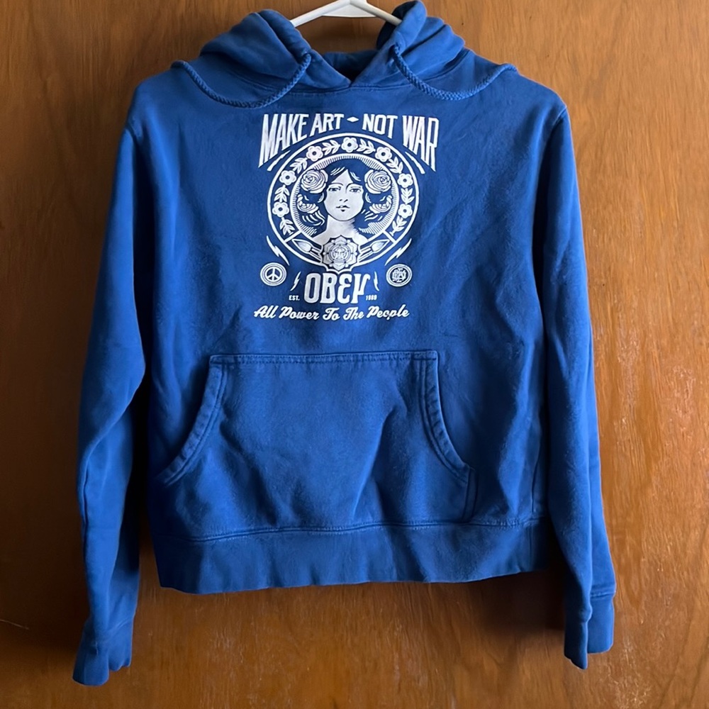 Obey “Make Art- Not War” blue hooded sweatshirt